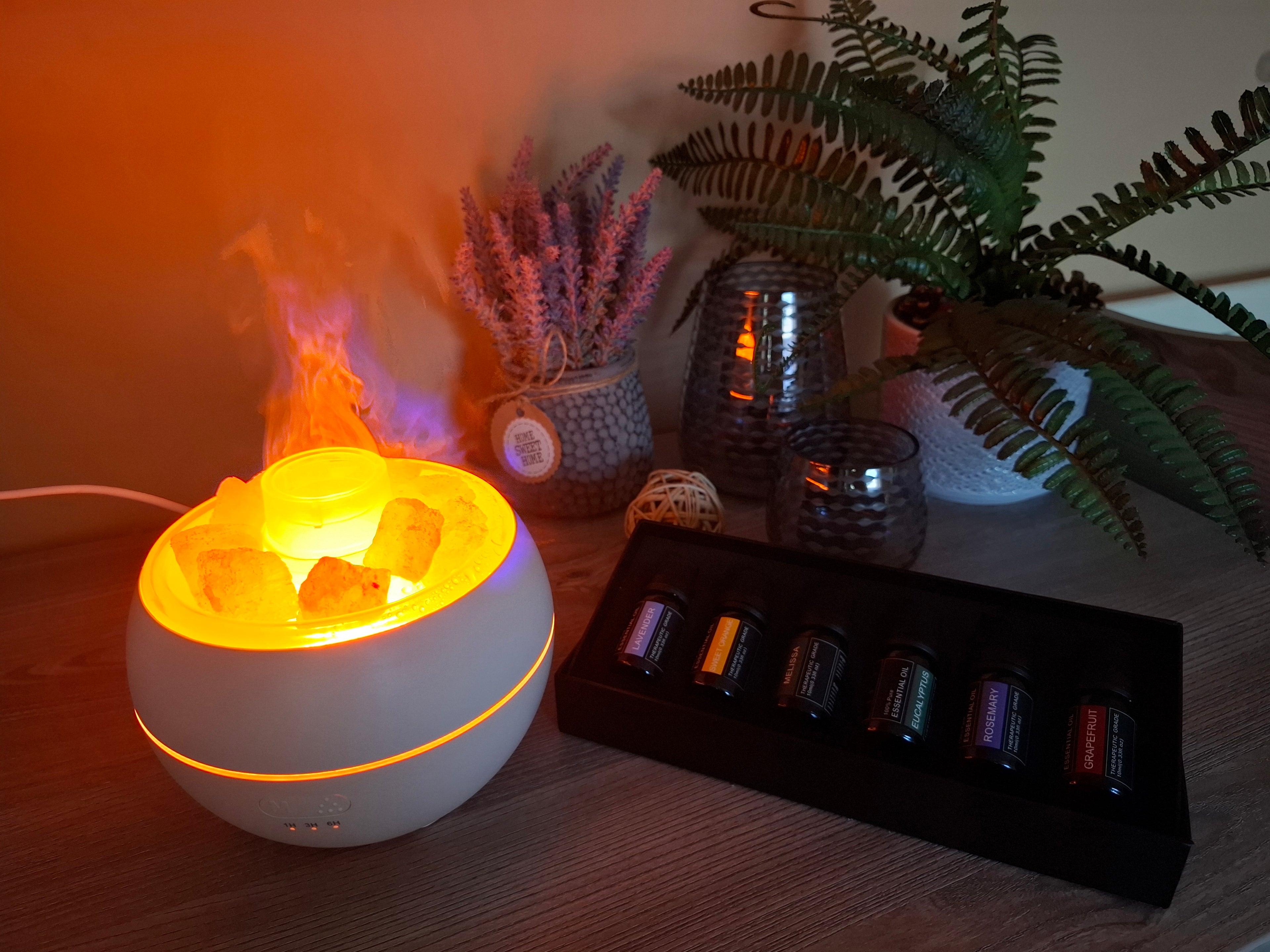 Elektromos, USB-s levegő párásító, aroma diffúzor Himalája sóval, ajándék 6 darabos 100%  természetes növényi esszenciális illóolaj szettel díszdobozban