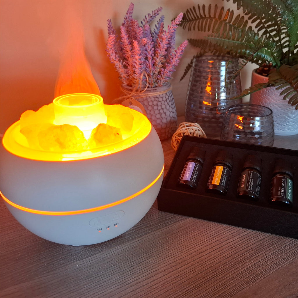 Elektromos, USB-s levegő párásító, aroma diffúzor Himalája sóval, ajándék 6 darabos 100%  természetes növényi esszenciális illóolaj szettel díszdobozban
